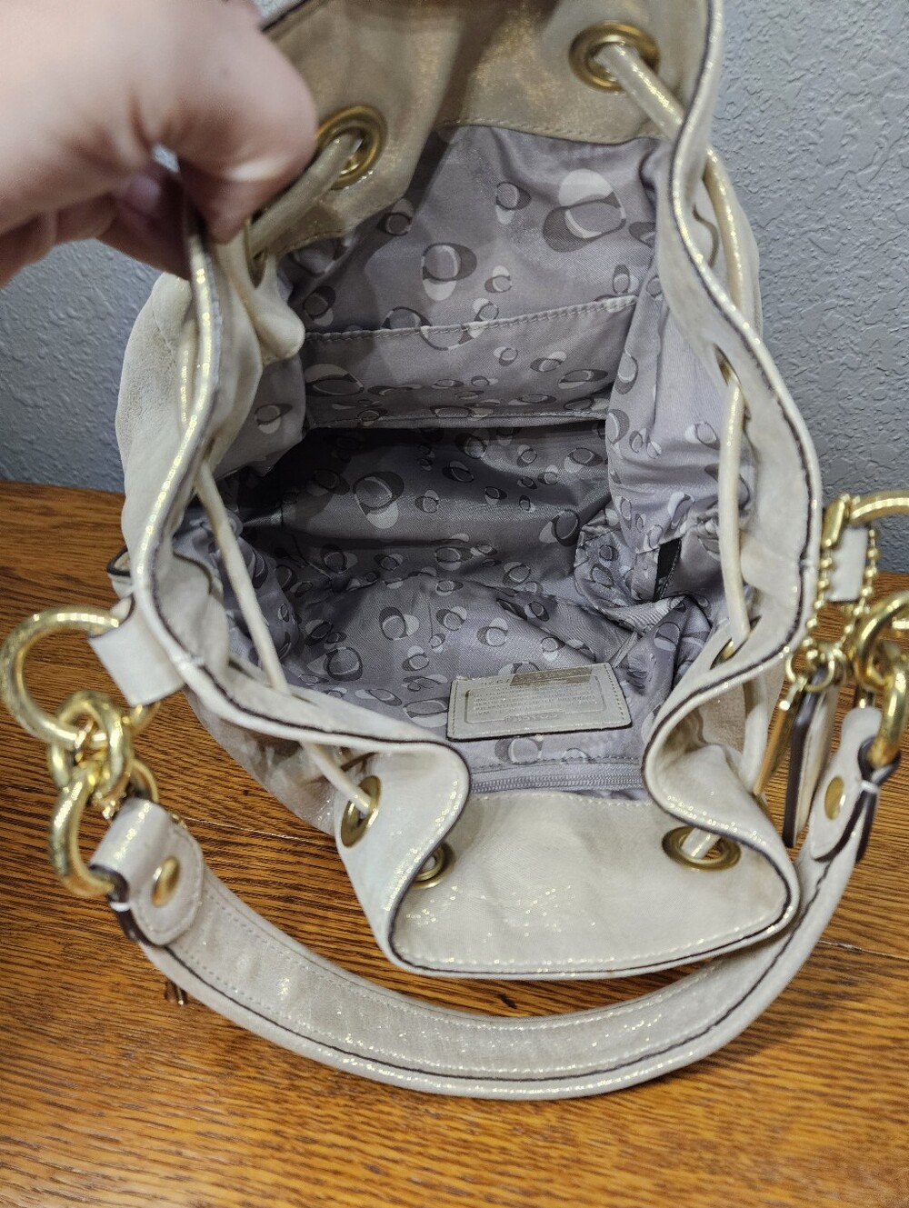 Coach Poppy Gold Shimmer Cinch Bucket Bag - Picture 16 of 16